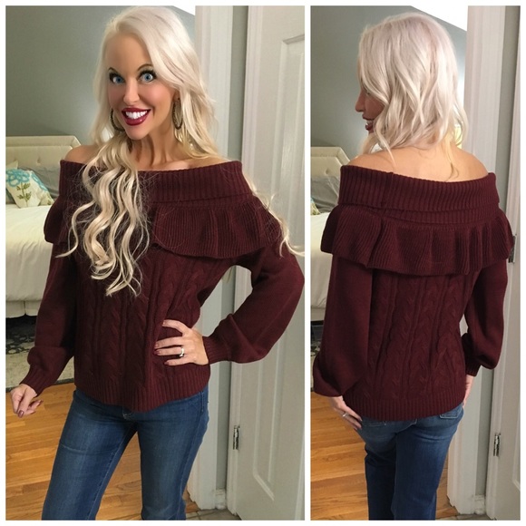 Off Shoulder Ruffle Sweater - Picture 2 of 8